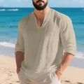 Gros plan d'un t-shirt en lin kaki à manches longues et col en V profond pour hommes - Khaki