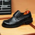 Klassieke zwarte heren Brogue lederen Derby schoenen met Britse retro snijwerk details - Zwart