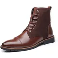 Stylish men's brown leather and suede high-top martin boots with lace-up closure - 38 / Brown