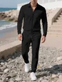 Men's black waffle texture tracksuit set featuring zip-up jacket and matching pants - S / Top And Bottom / Black
