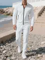 Full-length detail view of men's white textured tracksuit set with zip jacket and pants - S / Top And Bottom / White