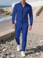 Men's royal blue waffle textured long sleeve zip-up jacket and matching pants tracksuit set - S / Top And Bottom / Sapphire Blue