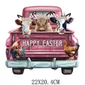 Cute Easter pink truck with highland cows heat transfer sticker for clothes, 22x20.4cm size - Pickup Truck With Highland Cows (DF024) / 22x20.4cm/Pack
