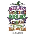 Kleurrijke Halloween warmteoverdracht sticker met heksen en monsters tekst 16,9x24cm - Halloween Woorden Puzzel Stijl (DH1924)