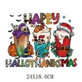 Kleurrijke feestelijke Hallothanksmas strijkapplicatie voor T-shirt thermotransfer 24x18,6cm - Drie Festivals Koffiebekers Stijl (DH1929)