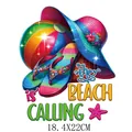 Sommerliches Strand Bügelbild Motiv mit Ball Hut und the beach is calling Schrift - Strand ruft Urlaubsstil (DS0189)