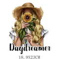 Cute cartoon girl with sunflower heat transfer decal for DIY clothing, 18.9x23cm - 18.9X23CM