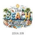 Sommer Strand Bügelbild für DIY Kleidung Aufkleber mit Beach Calling Text 22x18.2cm - Strand Palmen Urlaubsstil (DS0192)