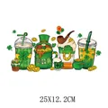 Colorful St. Patrick's Day heat transfer sticker with lucky clovers and gnome design - Festive Food and Drink Pattern (DF0144)