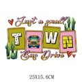 Colorful back to school heat transfer patch with school bus and cacti design, 25x15.6cm - Town School Bus Cactus Style (DS0517)