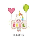 Autocollant transfert thermique licorne mignonne avec ballons et signe GIRL pour enfant - Licorne Tenant un Panneau (AT1530)
