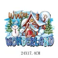 Christmas Winter Wonderland heat transfer patch for clothes with snowman and house - Blue Winter Cabin Snowman Style(DH2215)