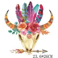 Bohemian bull skull with flowers and feathers heat transfer decal, 23.6x26cm for DIY clothes - Bohemian Bull Skull (DH0436) / 23.6x26cm