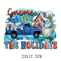 Christmas gnome heat transfer decal for clothes with blue truck and skiing gnomes - Gnome For The Holidays Skiing Truck Style(DH2216)