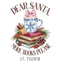 Autocollant de transfert thermique aquarelle de Noël avec le texte Dear Santa et des livres - Style Tasse Livre Noël (DS0852) / 17.7x23cm