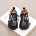 Elegant girls' black leather loafers with double gold buckles, perfect for princess dress shoes - 23 / Black