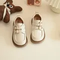 Elegant beige girls princess leather loafers with gold buckles for dress shoes - 23 / Beige