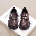 Classic dark brown girls leather loafers featuring a stylish double buckle design - 23 / Brown