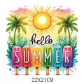 Lebendiger Hello Summer Bügelbilder Aufkleber mit bunten Eis am Stiel, Sonne und Palmen. - Hello Summer Eis am Stiel Beschriftung Stil (DS0207)