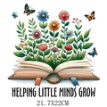 Heat transfer decal with book and flowers, 'Helping Little Minds Grow' text, 21.7x22cm - Helping Little Minds Grow Style (DS0526)
