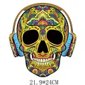 Colorful sugar skull heat transfer patch with headphones, 21.9x24cm DIY decal - 21.9X24CM