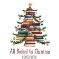 Autocollant transfert thermique sapin de Noël en livres aquarelle, All Booked for Christmas, 19x24 - 19x24cm