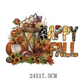 Autumn Happy Fall pumpkin heat transfer iron-on sticker for clothing, 24x17.5cm - Happy Fall Kerosene Lamp (DH2005)