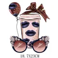 Heat transfer patch featuring glitter lips, coffee cup, and jeweled sunglasses design - 18.7x23cm