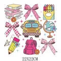 Lot de stickers thermocollants DTF thème école 22x22cm pour décoration de vêtements et sacs - Motif Livres Bus Scolaire (DS1911)