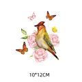 Watercolor bird and pink rose flower heat transfer patch for DIY clothing decoration - 10x12cm