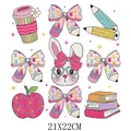Transferts thermiques DTF mignons pour la fête des profs avec lapin et crayons, 21x22cm - Style Scolaire Lapin Café (DS1914)