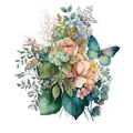 Autocollant transfert thermique bouquet fleurs et papillon, 20.4x22.6cm pour déco vêtements - 20.4x22.6cm