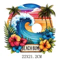 Tropischer Surf-Wellen-Bügelsticker, Beach Bum Design, Wärmeübertragung, 22x21,2cm. - Beach Bum Riesige Welle Sonnenuntergang Stil (DS0204)
