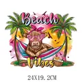 Colorful summer heat transfer patch featuring a Highland cow on a beach, 24x19.2cm - Cow Hammock Style (DH2189)