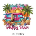Vibrant summer camper beach scene iron-on heat transfer sticker for DIY clothing customization - Camper Van Style (DH2188)