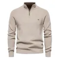 Classic men's beige quarter-zip knit sweater with ribbed collar and long sleeves style - S / Tops / Apricot (Y832)