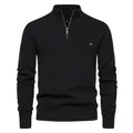 Men's slim fit black half-zip pullover sweater with mock neck and ribbed texture. - S / Tops / Black Green (Y832)