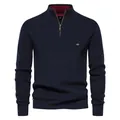 Men's classic navy blue half-zip sweater with ribbed cuffs and red inner collar lining - S / Tops / Navy Blue (Y832)