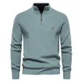 Men's sage green half-zip mock neck sweater featuring a soft ribbed knit texture - S / Tops / Lake Blue (Y832)