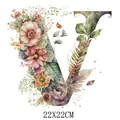 Watercolour floral letter V heat transfer sticker for clothes, 22x22cm iron-on DIY decal - Letter V Style (DS0127)