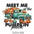 Autumn blue vintage truck with pumpkins heat transfer sticker for clothing, size 22x19.6cm. - Vintage Pumpkin Truck (DS0629)