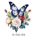 Large butterfly and rose floral heat transfer vinyl decal for clothing customization - Blue Black White Butterfly and Red White Roses (DF0325)