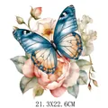 Blue butterfly and pink flower heat transfer patch print for clothes 21.3x22.6cm - Dark Blue Butterfly and Pink Roses (DF0327)