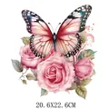Pink rose and butterfly watercolor heat transfer patch for clothing, size 20.6x22.6cm - Tricolor Butterfly and Pink Roses (DF0328)