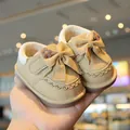 Beige toddler girl princess walking shoes with cute bow and floral accent, soft sole - Size 16 (Inner Length 11.5 cm) / Khaki