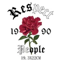 Rose flower heat transfer sticker with gothic Respect People text measuring 19.3x22cm. - DS0406