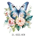 Watercolor blue butterfly and peach roses floral heat transfer pattern sticker, 21.4x22.6cm - Big Blue Butterfly and Nude Pink Roses (DF0330)