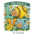 Colorful baseball heat transfer patch featuring All You Need Is Love softball and smiley flowers - All You Need Is Love Softball Pattern (DS2111)