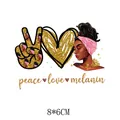 Peace Love Melanin heat transfer sticker with gold glitter and pink headwrap design - 8x6cm