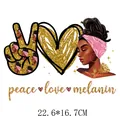 Peace Love Melanin gold glitter heat transfer decal for clothing with black woman art - 22.6x16.7cm